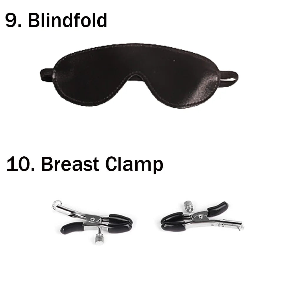 10-teiliges BDSM Bondage-Set – Leder-Fesseln, Peitsche, Knebel & mehr | Für Paare | Xespera21