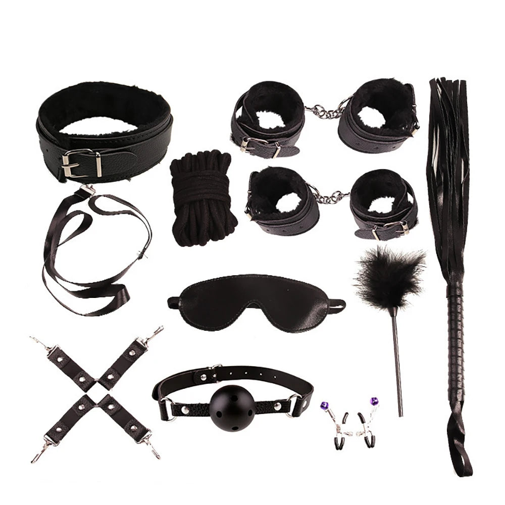 10-teiliges BDSM Bondage-Set – Leder-Fesseln, Peitsche, Knebel & mehr | Für Paare | Xespera21